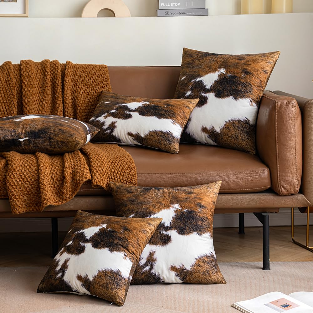Woaboy Pack of 2 Cowhide Brindle Print Decorative Throw Pillow Covers 18x18 Inch - Soft Couch Pillow Covers for Sofa, Living Room, Bedroom Decor | Perfect for Home Styling, Cozy Reading Nook & Accent Pillows