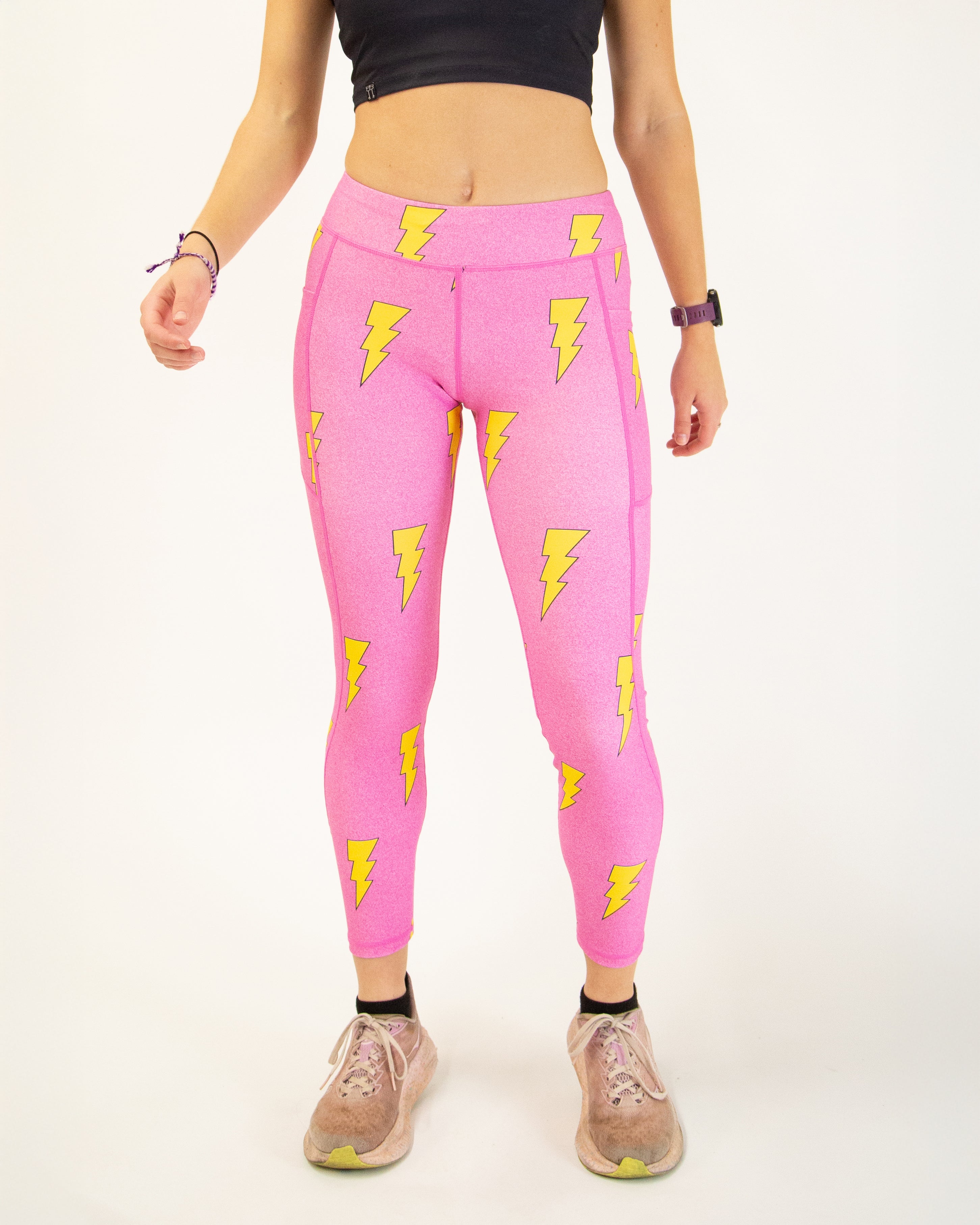 Women's High Waisted Pink Bolts Print Yoga Leggings - Soft Stretchy Workout Pants for Running, Gym & Lounge Wear