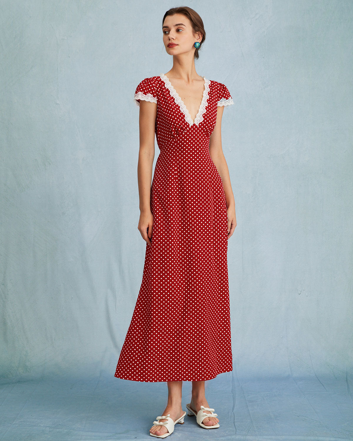 Elegant Red V-Neck Polka Dot Lace Ruched Maxi Dress for Women - Perfect for Summer Weddings, Beach Vacations & Date Nights