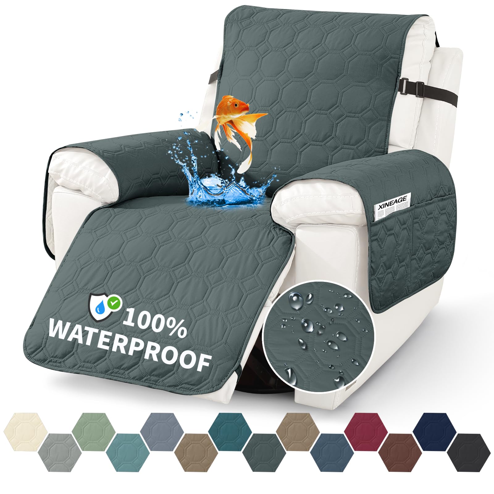 XINEAGE 100% Waterproof Recliner Chair Cover - Non Slip Sofa Protector with Storage Pocket & Elastic Straps - Washable Pet-Friendly Furniture Cover (Dark Gray, 23.6