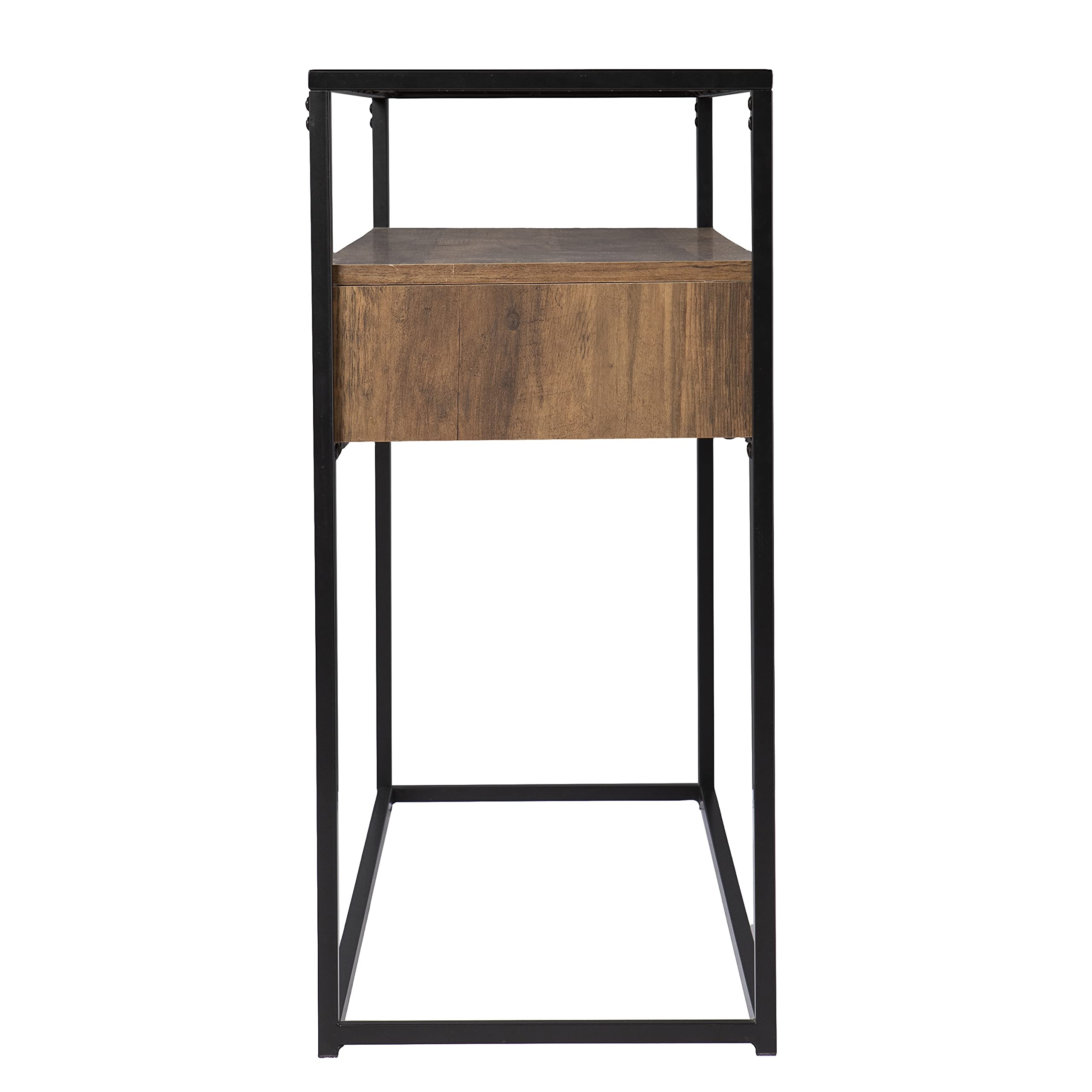 SEI Furniture Olivern Glass-Top Console Table with Storage - Modern Industrial Farmhouse Style Entryway Table for Living Room, Hallway & Foyer - Brown Wooden Sofa Table with Open Shelf Design