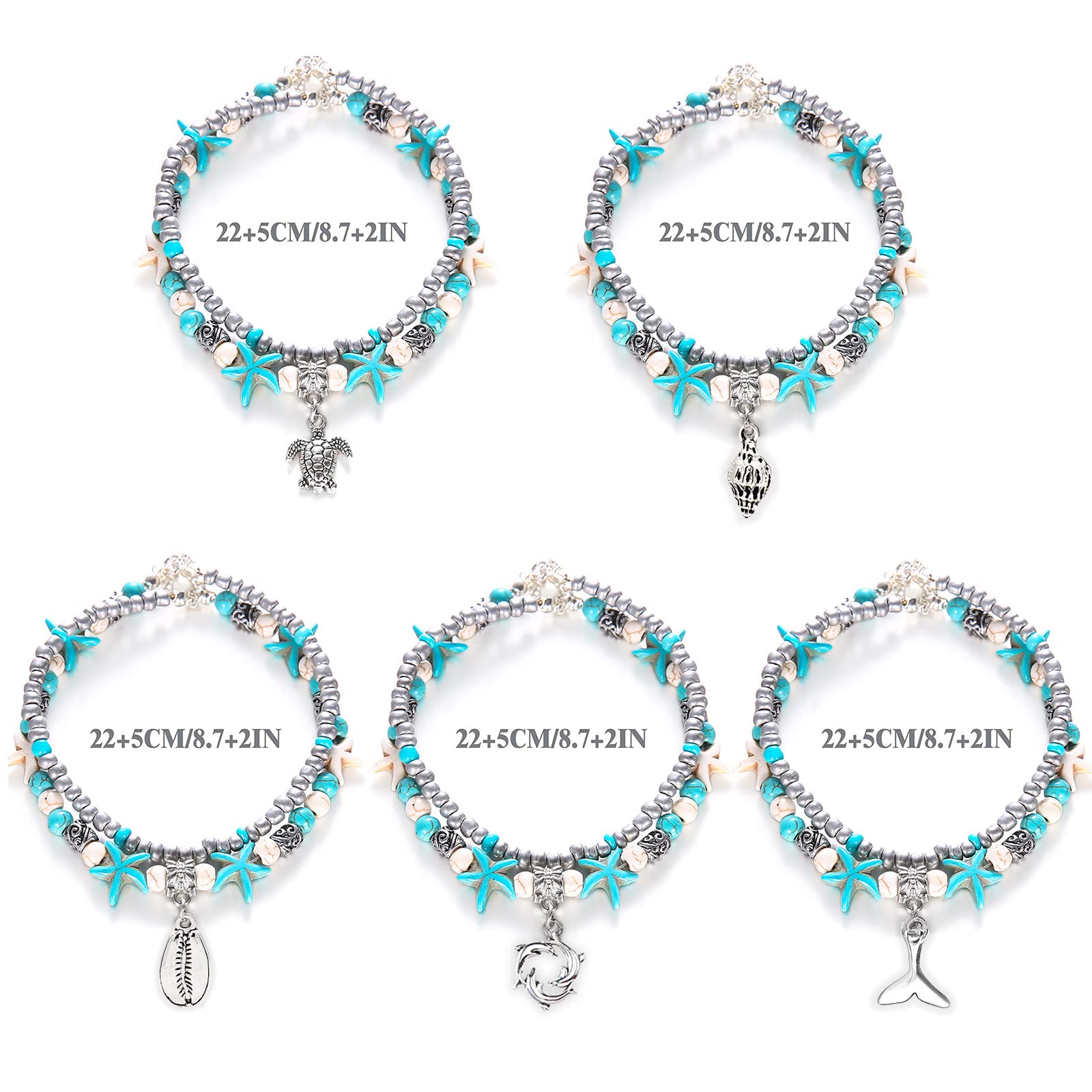 Suyi 5-Pack Adjustable Boho Ankle Bracelets for Women - Layered Beach Anklet Chain Foot Jewelry - Perfect for Summer Vacations, Beach Parties & Boho Fashion Accessories