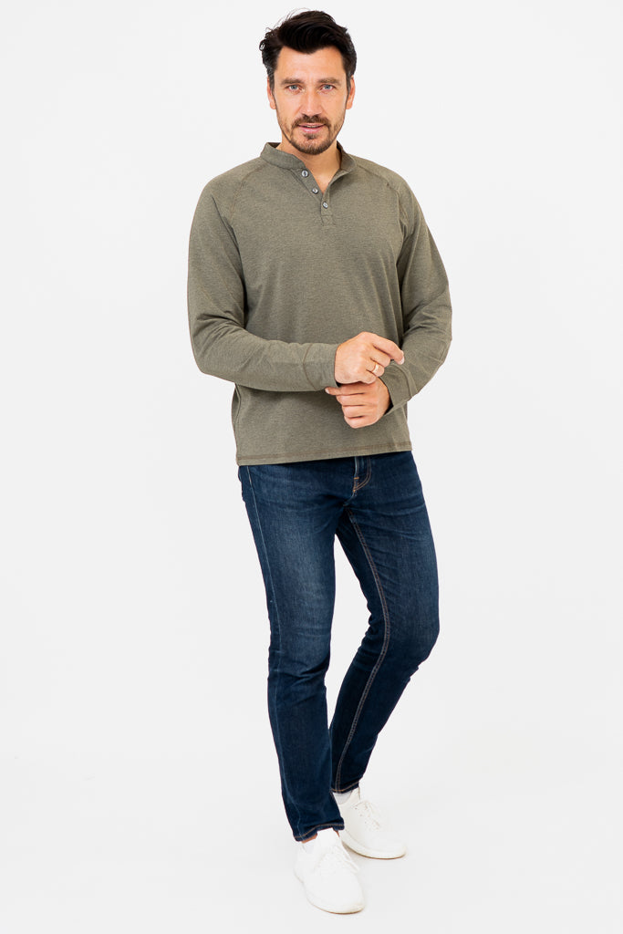 Men's Henley Shirt - Yarn-Dyed Khaki Bamboo Fabric - Casual Wear for Outdoor Activities & Everyday Comfort