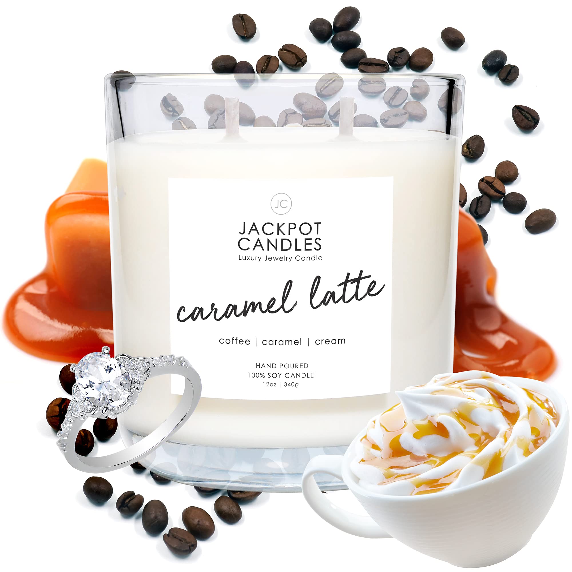 Jackpot Candles Caramel Coffee Latte Scented Candle with Hidden Ring Inside (Surprise Jewelry Prize Worth $15-$5,000) - Ring Size 6 - Perfect for Home Decor, Romantic Gifts & Self-Care Relaxation