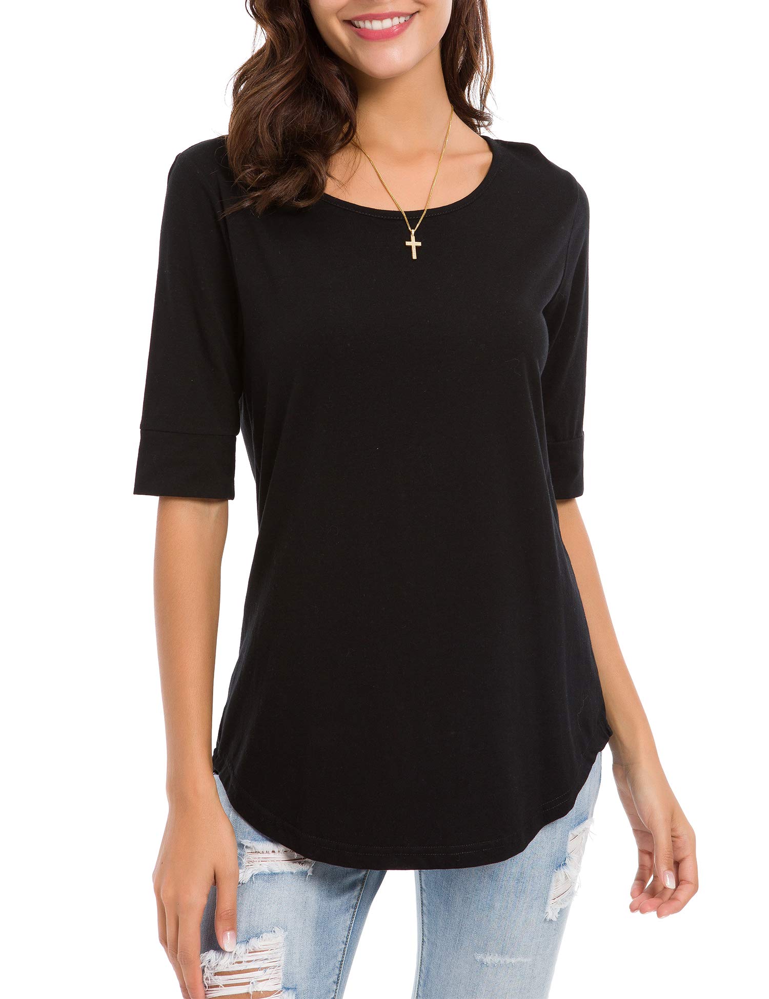 Women's Elbow Length Sleeve Cotton Blouse - Summer Casual Tunic Top for Women - Perfect for Office Wear, Weekend Outings & Beach Cover-ups