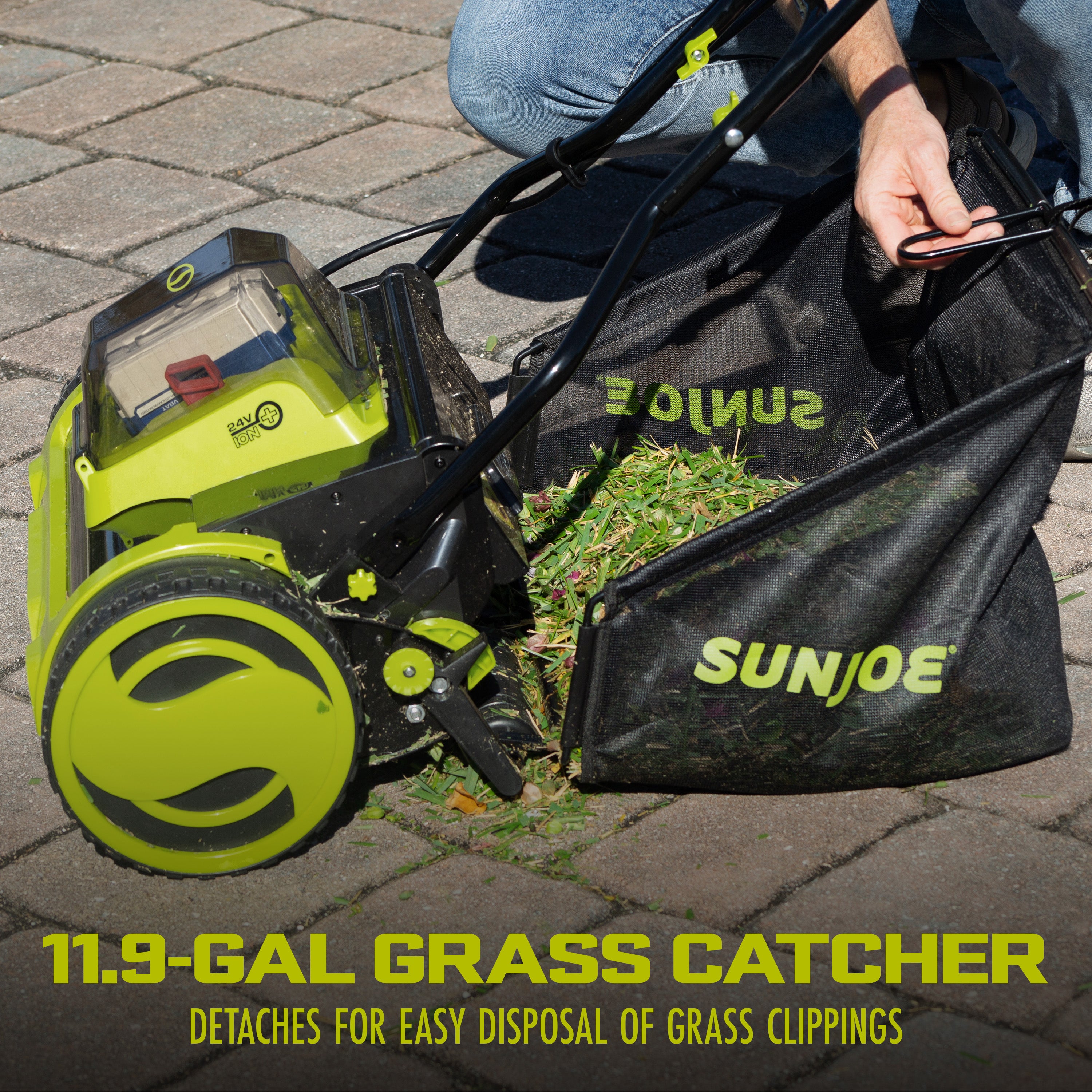 Sun Joe 24V CRLM15 15-Inch Cordless Push Reel Lawn Mower with 4.0Ah Battery & Charger | 24 Volt Lithium-Ion | Grass Collection Bag Included | Perfect for Small to Medium Yards & Eco-Friendly Lawn Care