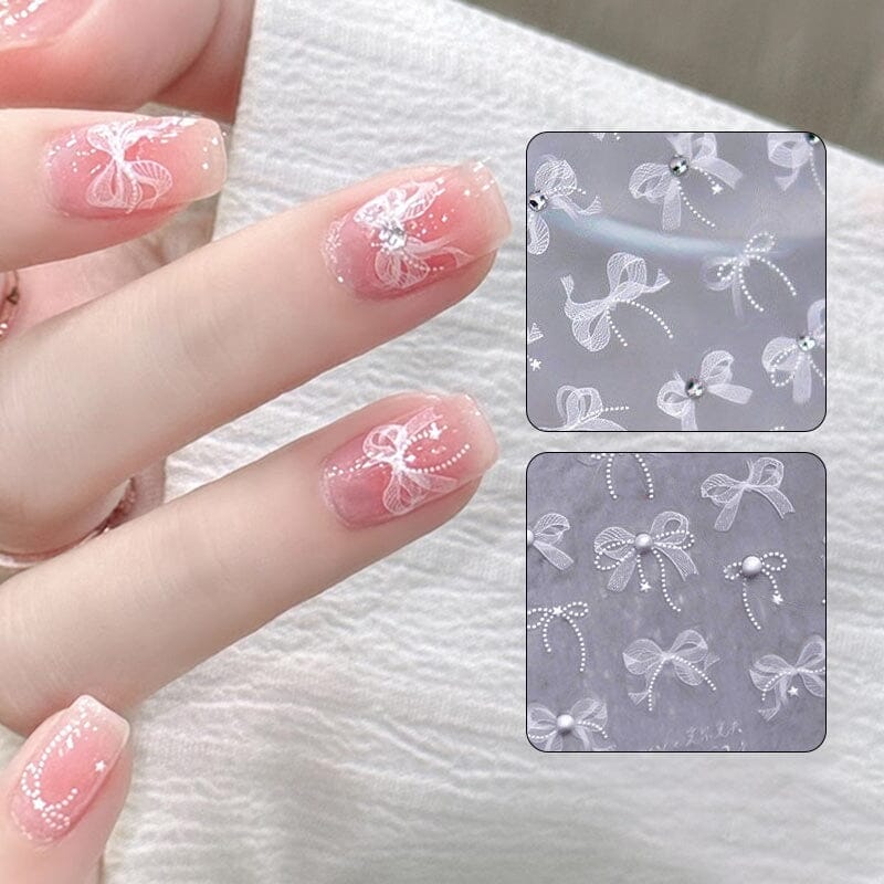 3D White Lace Bowknot Nail Stickers with Rhinestones - T355 #01 for Manicure, Nail Art, and Special Occasions