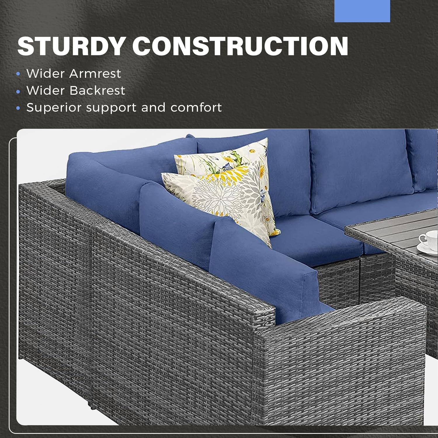 Solaste 7-Piece Outdoor Patio Furniture Set - All-Weather PE Rattan Sectional Sofa with Dining Table & Chairs - Blue - Perfect for Backyard, Garden, Poolside & Patio Relaxation