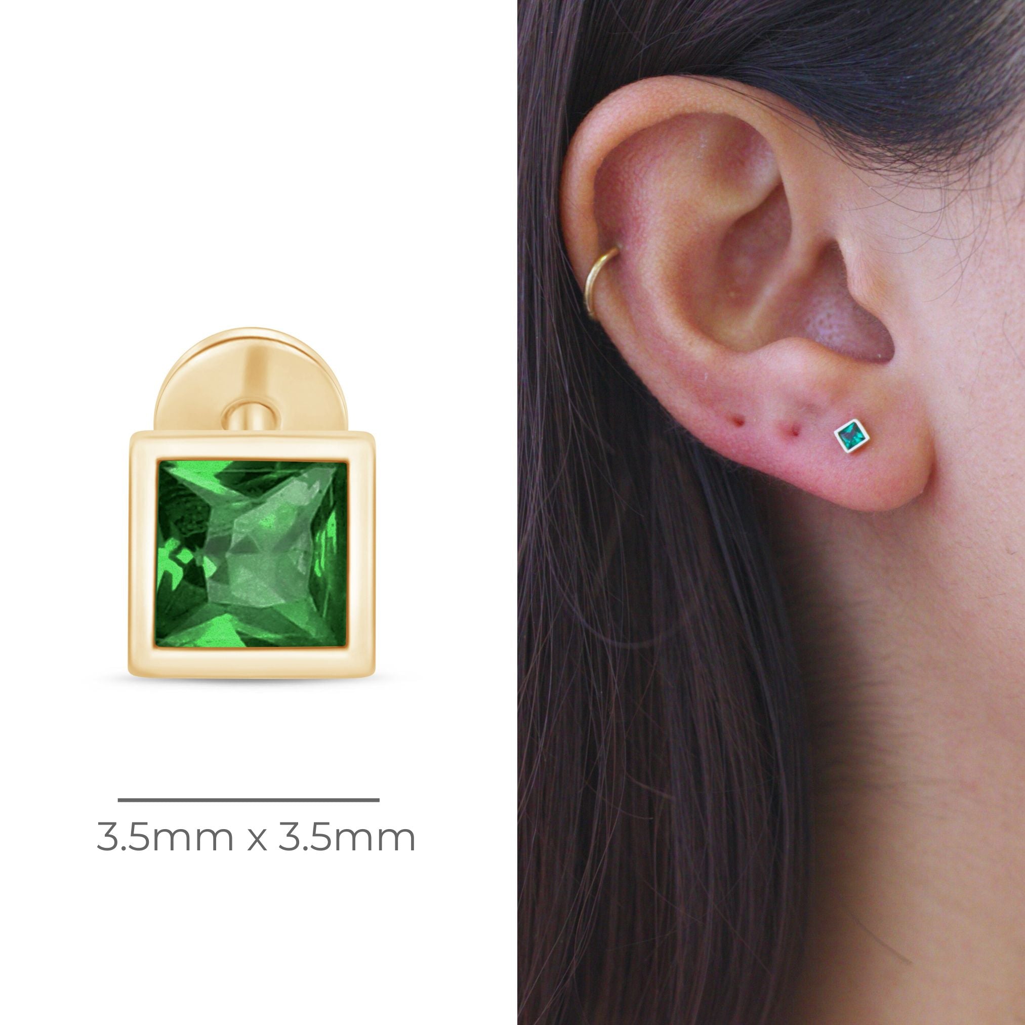 14K Yellow Gold Princess Cut Emerald Stud Earrings - Bezel Set Flat Back for Sensitive Ears - Perfect for Weddings, Parties & Everyday Elegant Wear