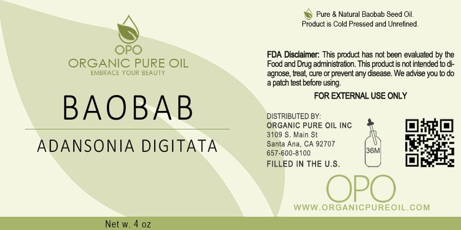 Pure Cold Pressed OPO Baobab Seed Oil - Unrefined, Vegan, Non-GMO Carrier Oil for Hair Growth, Skin Hydration & Face Moisturizer | Natural Body Pain Relief & Conditioner (4oz Glass Bottle with Dropper) - Perfect for DIY Beauty, Massage Therapy & Aromatherapy