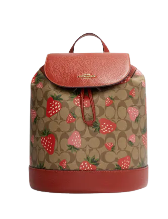 Coach Dempsey Drawstring Backpack - Signature Canvas with Wild Strawberry Print - Stylish & Durable Backpack for Women, Perfect for School, Travel & Everyday Use