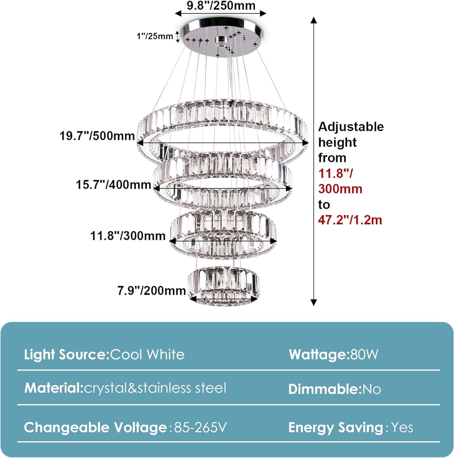 Elegant Modern LED Crystal Chandelier Pendant Light - 4 Ring Design for Dining Room, Bedroom & Living Room - Adjustable Sizes (7.9
