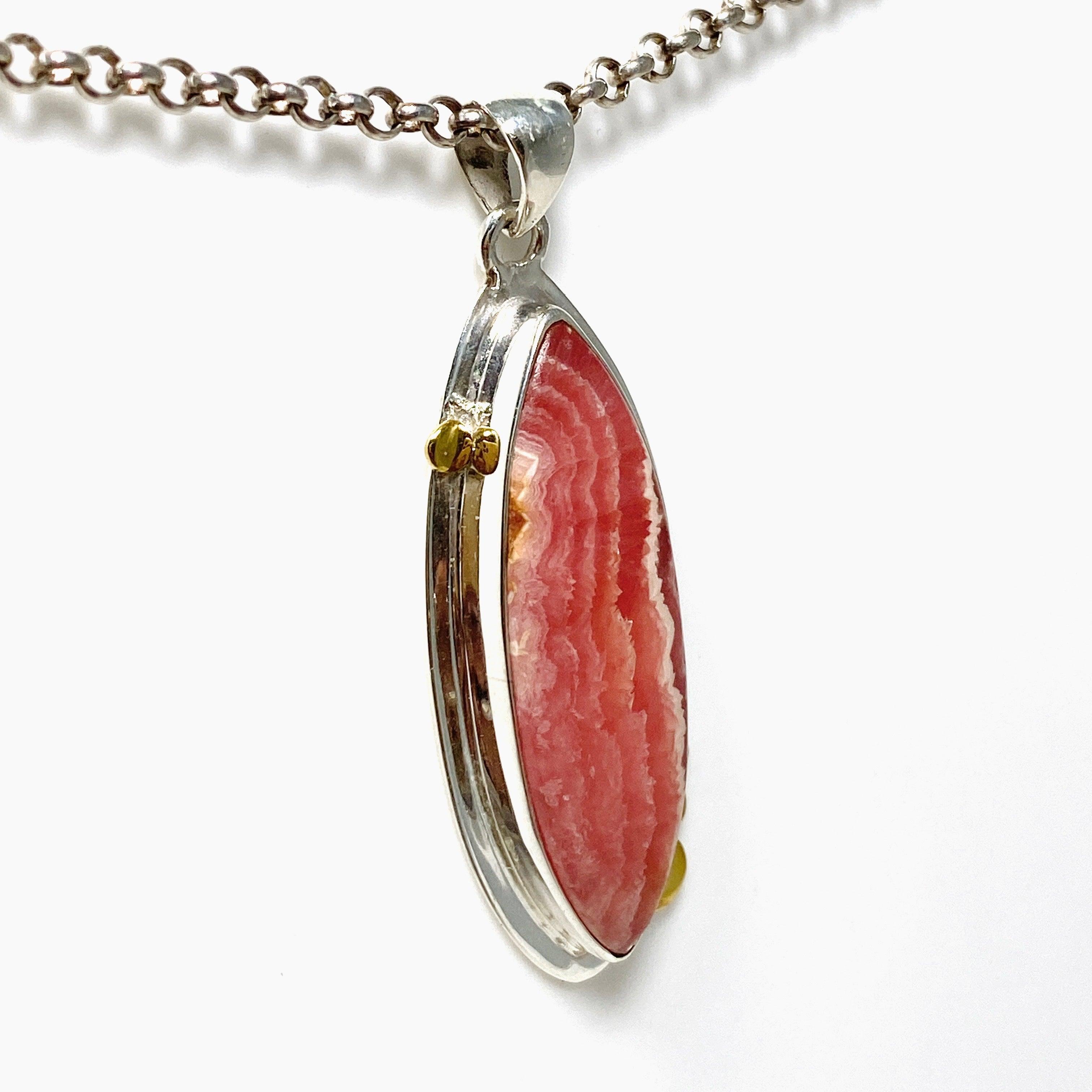 Rhodochrosite Marquise Pendant Necklace with Brass Accents KPGJ4332 - Elegant Jewelry for Women, Perfect for Parties, Weddings & Special Occasions