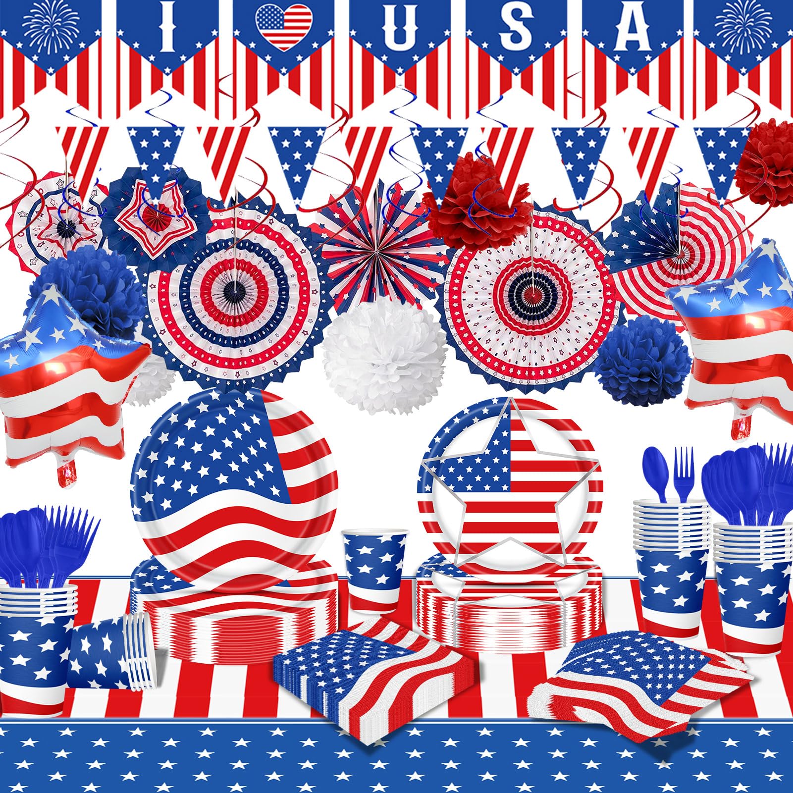 4th of July Party Supplies Decorations - Patriotic American Flag Themed Tableware Set for 20 Guests (Paper Plates, Napkins, Cups, Tablecloth, Banner) - Perfect for Independence Day, Memorial Day & Summer BBQs