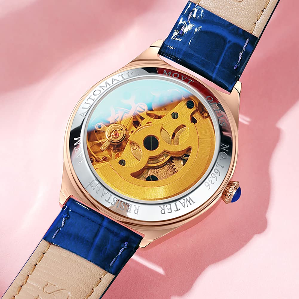 OLEVS Automatic Women's Watches - Luxury Diamond Dial Ladies Watch with Genuine Leather Strap, Self-Winding Mechanical Movement, 50M Waterproof - Perfect for Business, Party & Everyday Wear