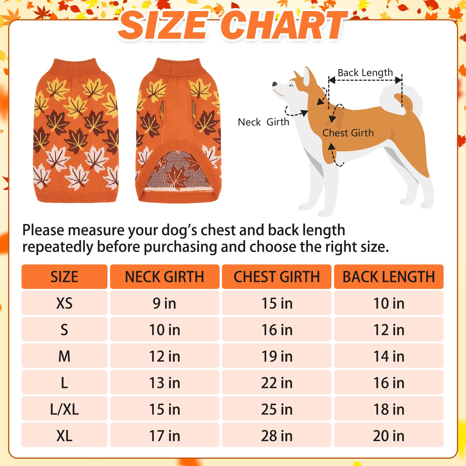 KOOLTAIL Medium Dog Sweater - Warm Knitted Turtleneck Pullover for Cold Weather | Autumn Maple Leaf Pattern Pet Sweater | Winter Clothes for Small Medium Large Dogs & Cats | Perfect for Fall Walks & Indoor Cozy Time (Orange)
