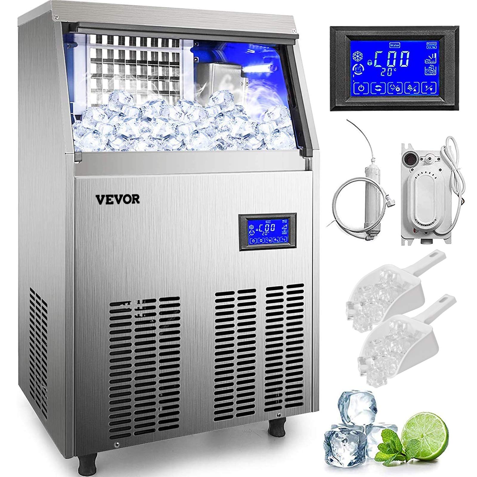 VEVOR 120LBS/24H Commercial Ice Maker Machine with 33LBS Storage Bin, Electric Drain Pump & Water Filter - Stainless Steel Automatic Ice Machine for Restaurants, Bars, Cafes & Home Use