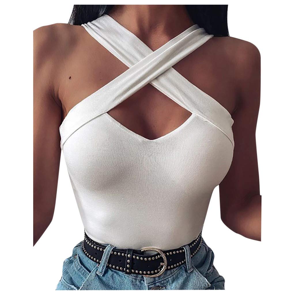 **CANAFA Women's Sexy Beach Fashion Cross Sleeveless Solid Vest Blouse Hollow Out Shirt Tops - Perfect for Summer Vacations, Pool Parties & Casual Outings**