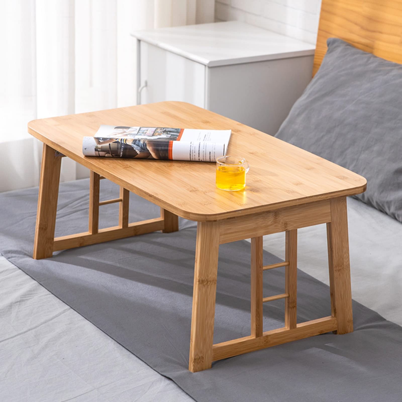 Japanese-Style Bamboo Coffee Table with Foldable Legs - 80x50x36cm Tatami Bed Tray for Breakfast, Working & Dining - Multi-Purpose Sofa Table for Small Spaces, Bedroom & Living Room (Wood Color)