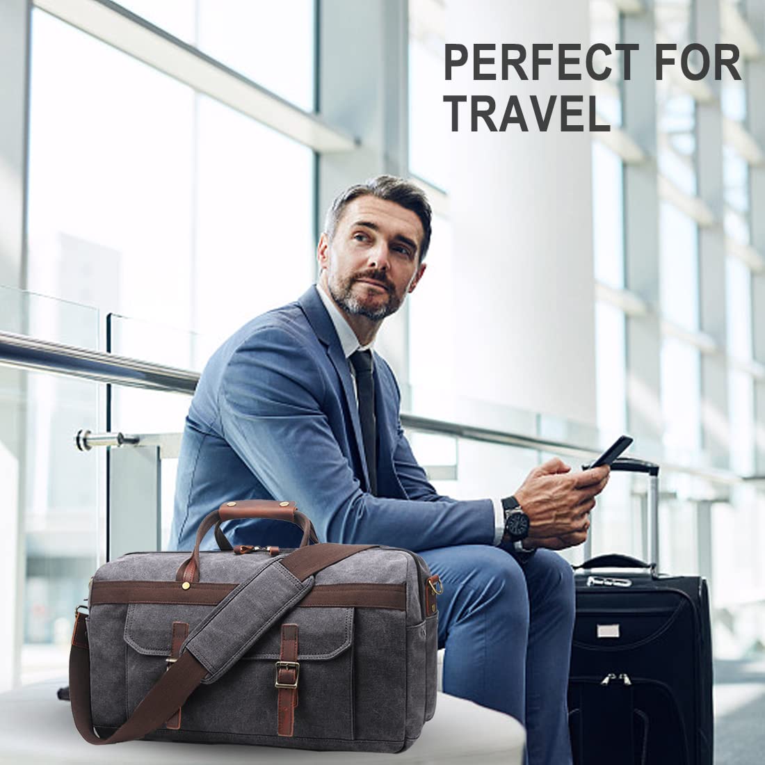 Men's Waterproof Leather & Canvas Duffle Bag - Travel & Weekender for Overnight Trips