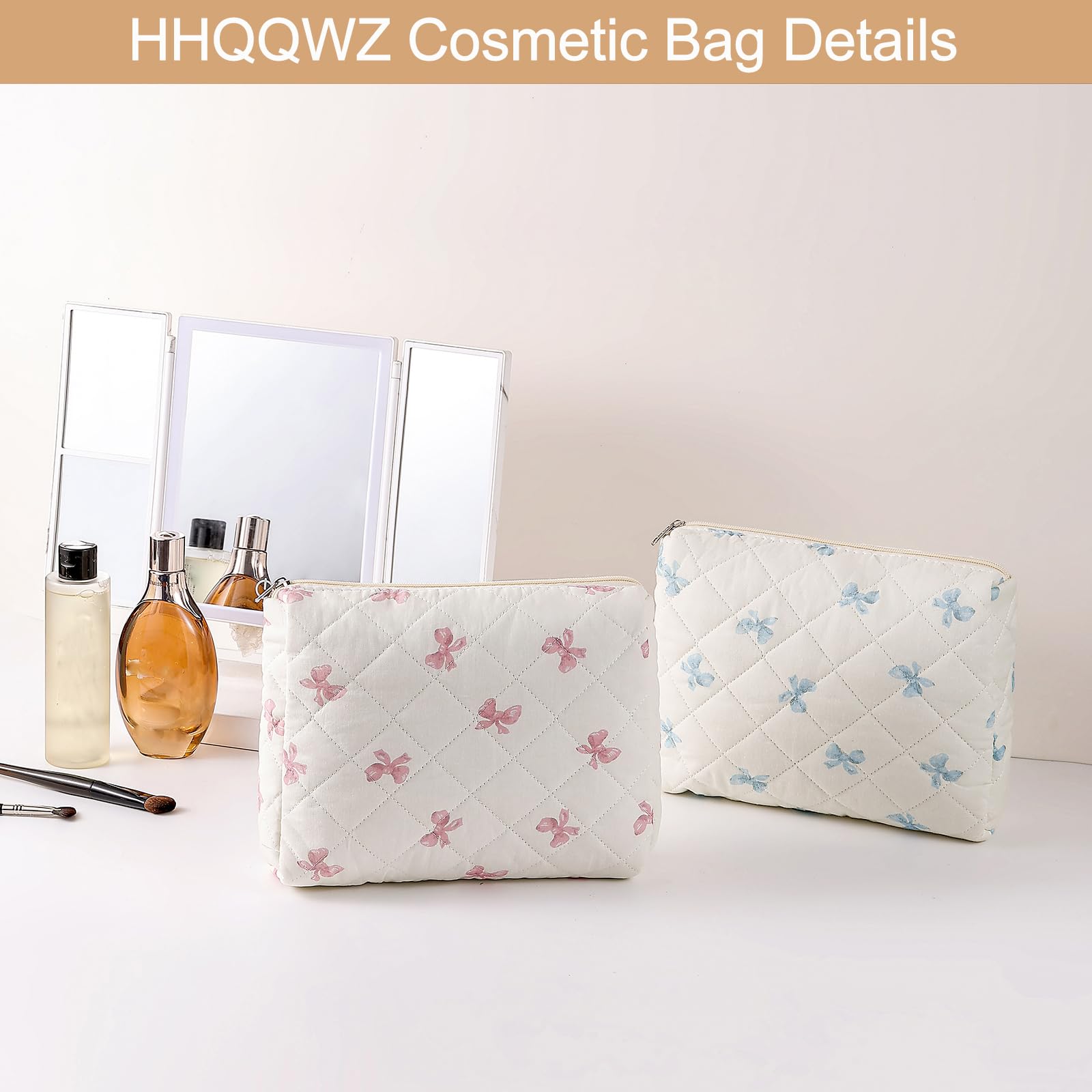 Quilted Cotton Makeup Bag for Women - Large Floral Cosmetic Organizer with Zipper, Travel Toiletry Storage Bag (Pink Bow Tie) - Perfect for Travel, Home & Gift Giving