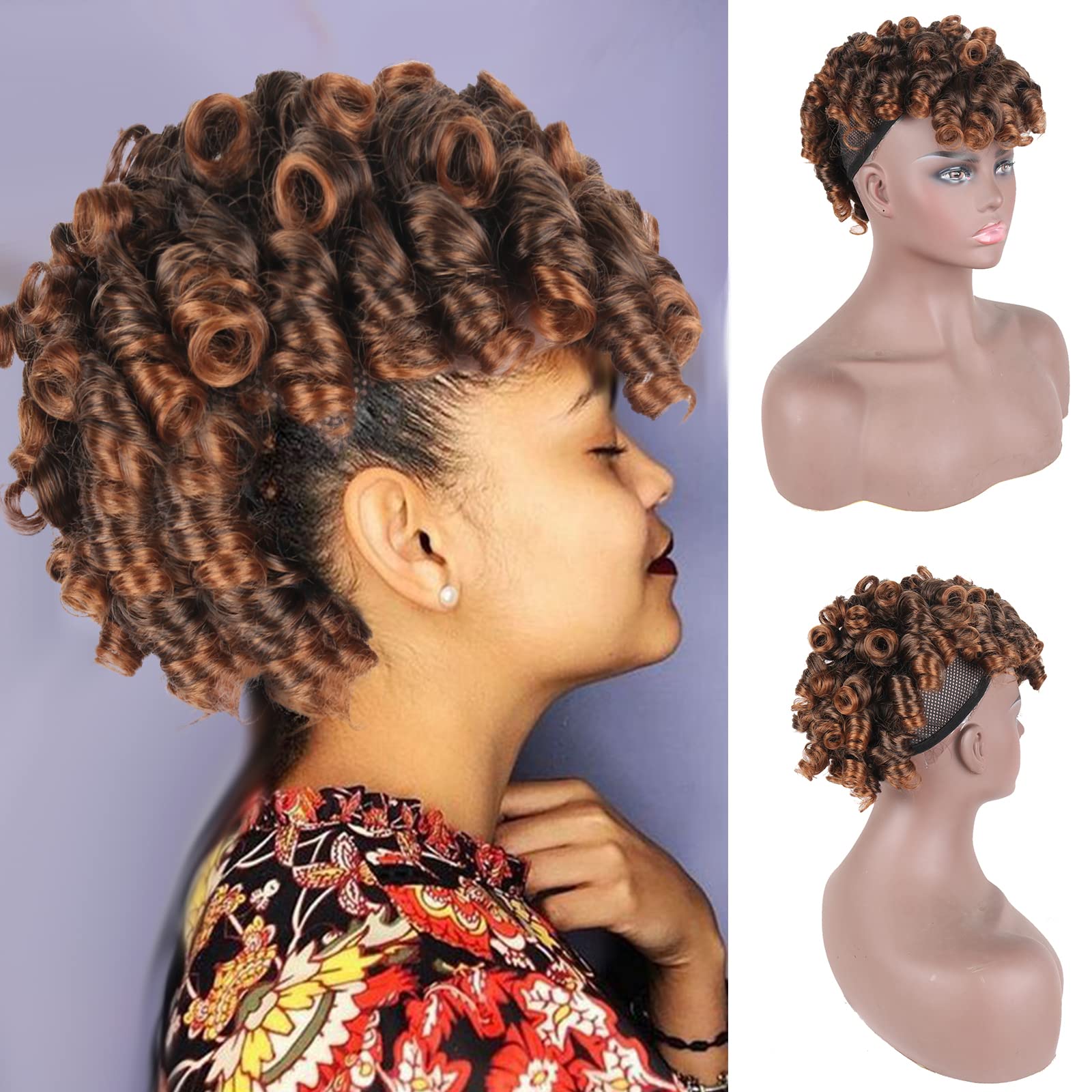 KRSI Deep Curly Mohawk Ponytail Synthetic Wig for Black Women - Afro Puff with Bangs in Dark Brown (1B/30) | Faux Mohawk Hairpiece for Women | Perfect for Cosplay, Halloween, and Everyday Fashion