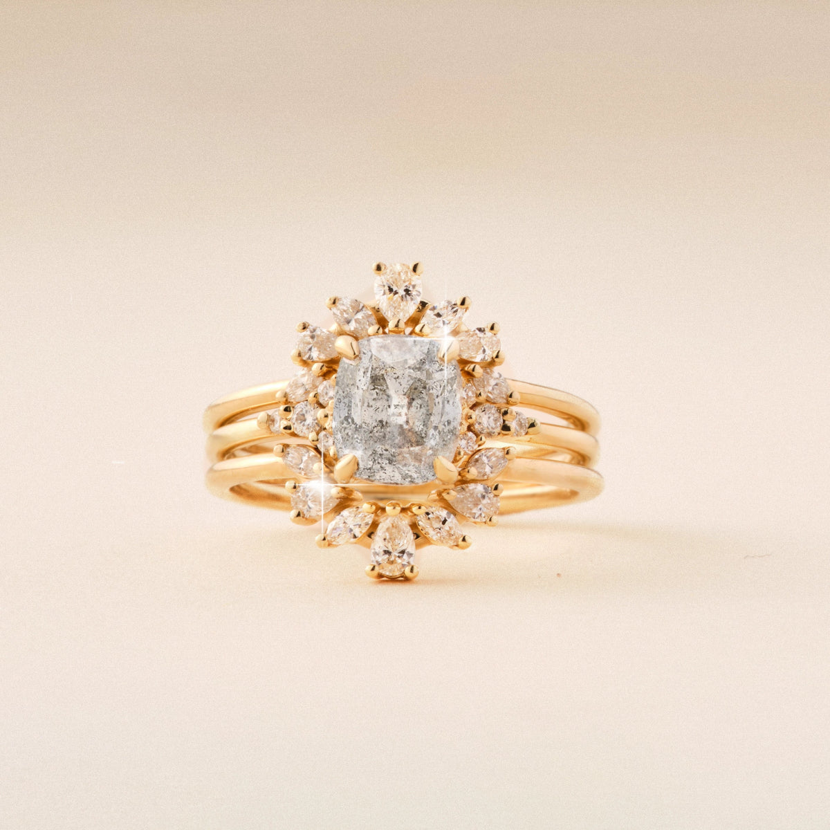 Lakeside Kiss Unique 14K Yellow Gold Ring with Antique Cut Salt & Pepper Diamond & Brilliant Diamonds – Perfect for Engagement, Anniversary & Special Occasions