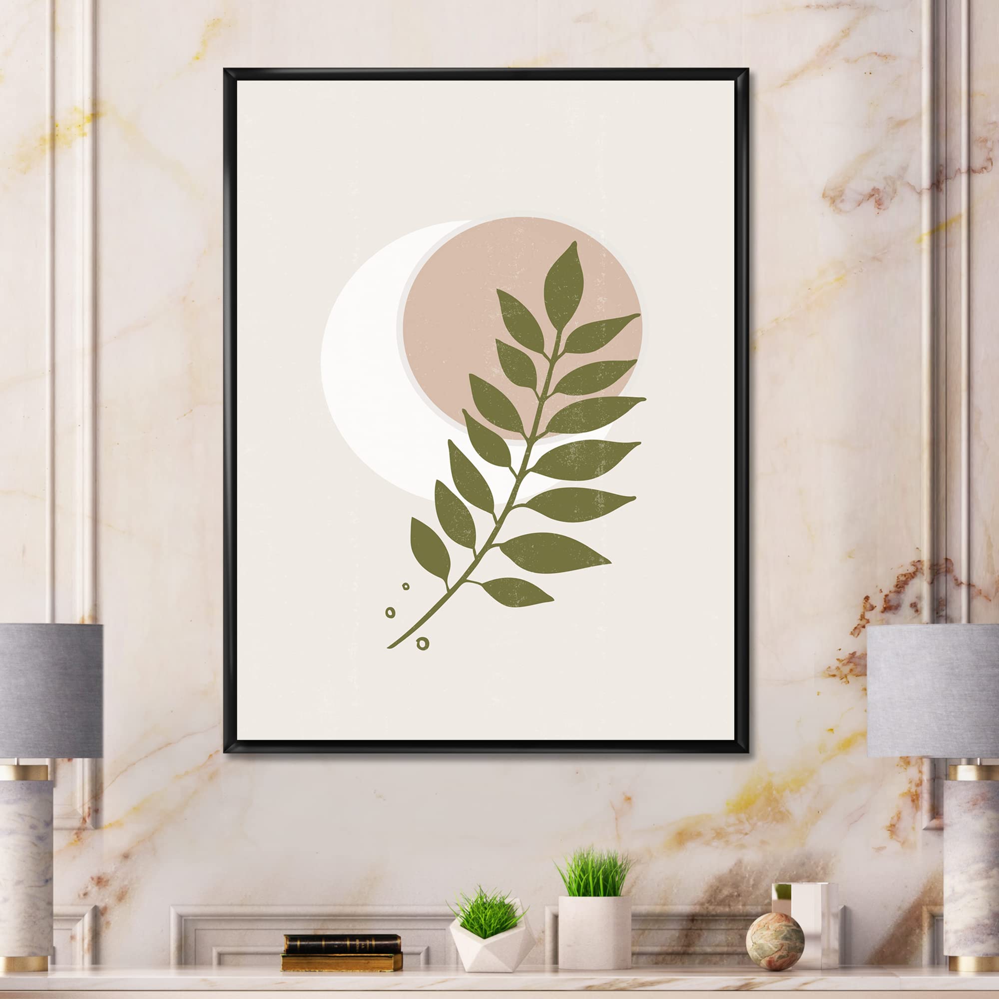 Abstract Geometrical Moon With Leaf IV - Modern Framed Canvas Wall Art Print for Living Room, Bedroom & Office Decor