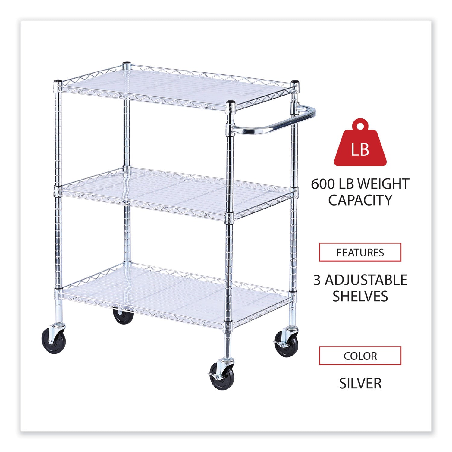 Alera® 3-Shelf Wire Utility Cart with Removable Liners - Heavy Duty Metal Shelving Unit, 600 lb Capacity, 34.21