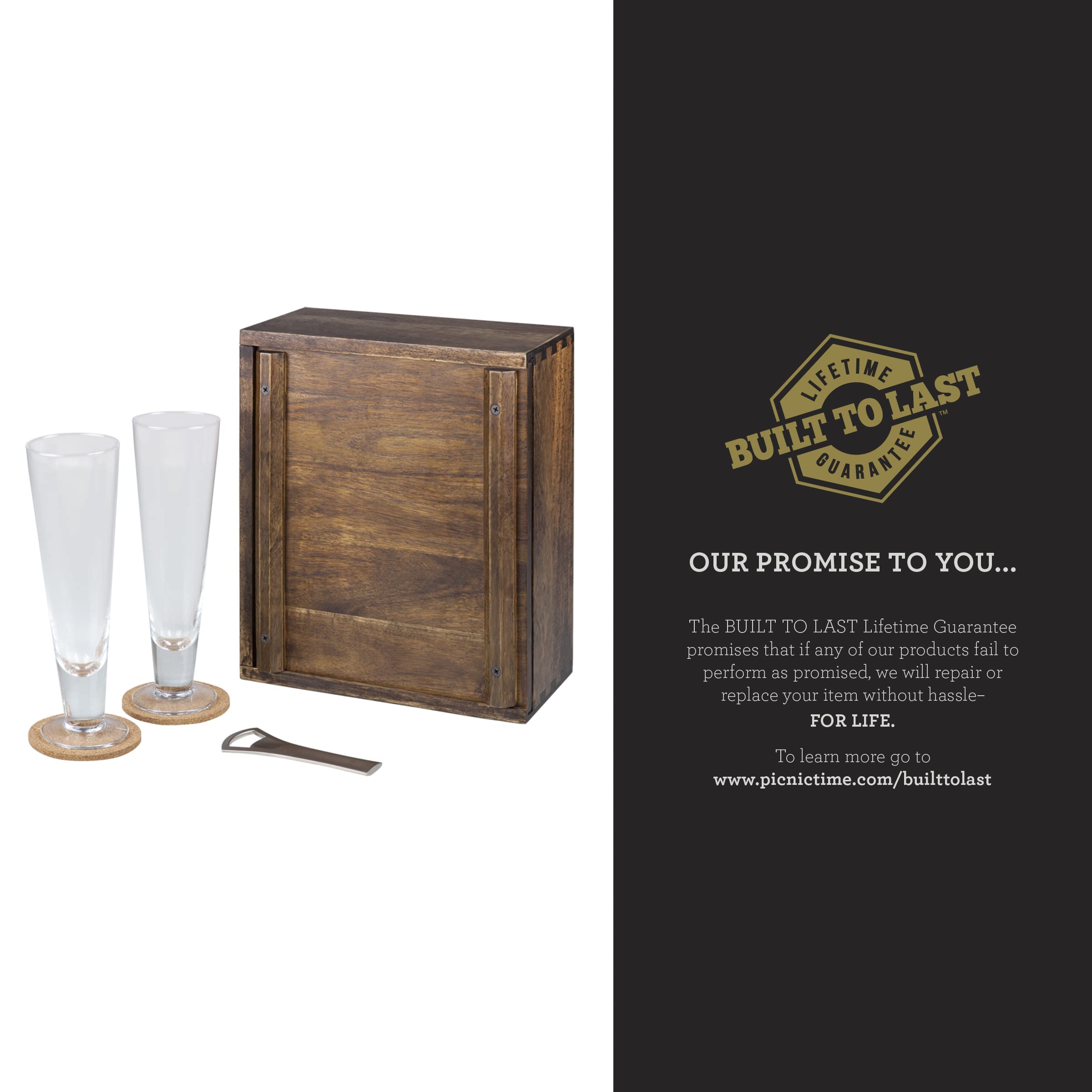 PICNIC TIME - Acacia Wood Pilsner Craft Beer Set with 2 Premium Beer Glasses - Perfect Gift for Beer Enthusiasts - Ideal for Outdoor BBQs, Parties & Home Bar Decor