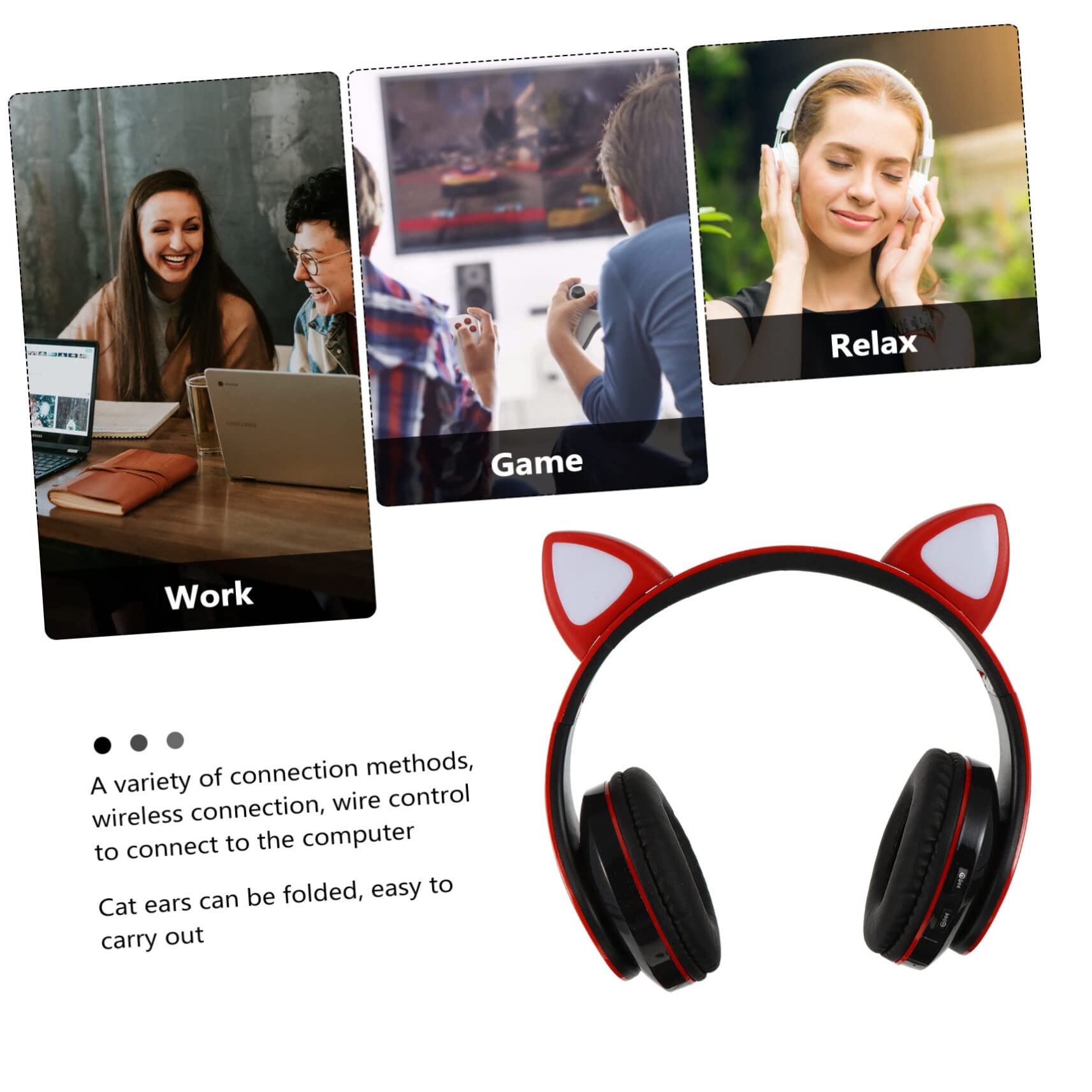 Lurrose Wireless Cat Ear Headphones with LED Lights - Foldable Over-Ear Bluetooth Headset for Laptop, PC, Gaming & Music (Red) | Perfect for Streaming, Cosplay & Gift Giving