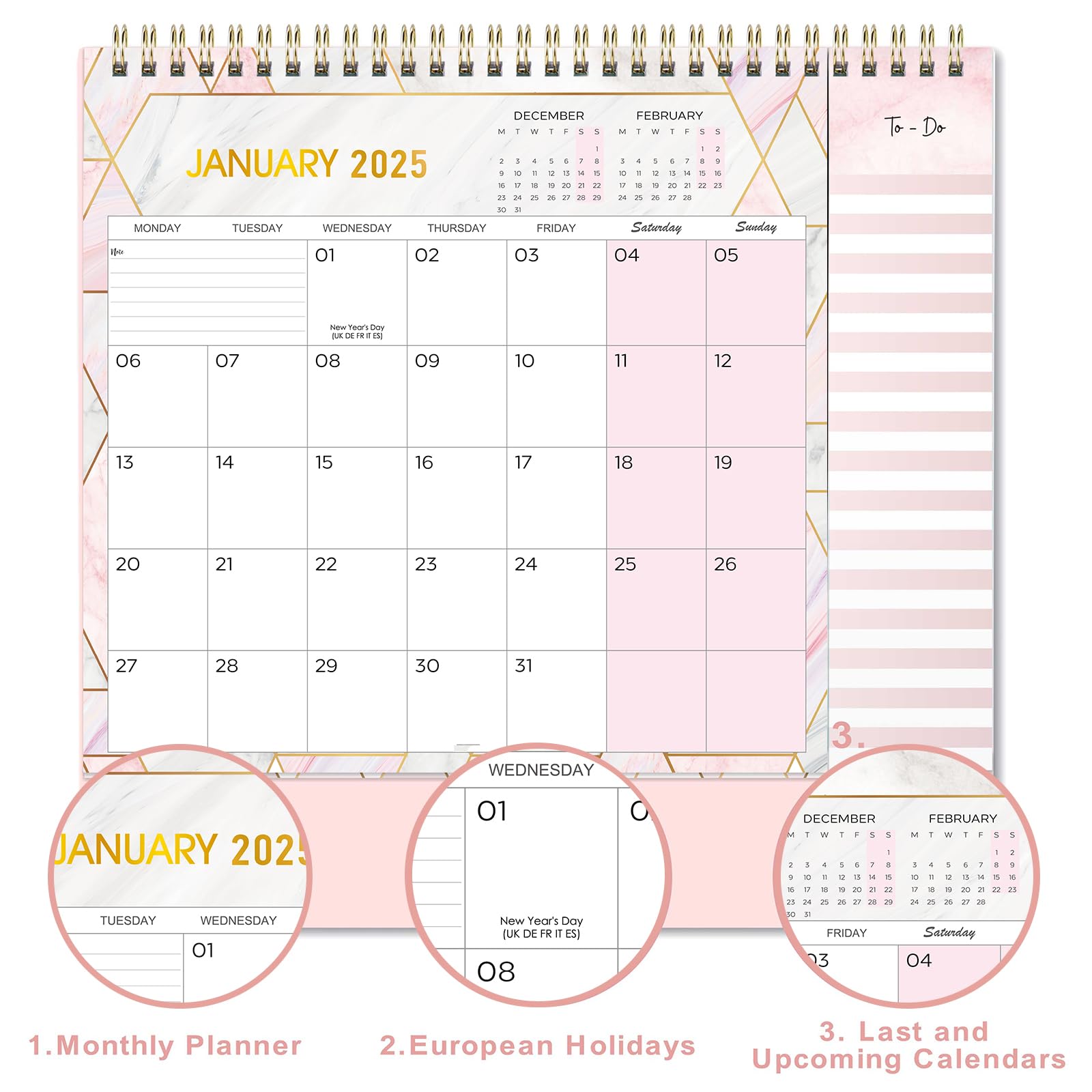 2025 Desk Calendar with To-Do List | Jan-Dec 12-Month Planner (26.7x21.8x7.8cm) | Pink Office Organizer for Home, School & Work Productivity