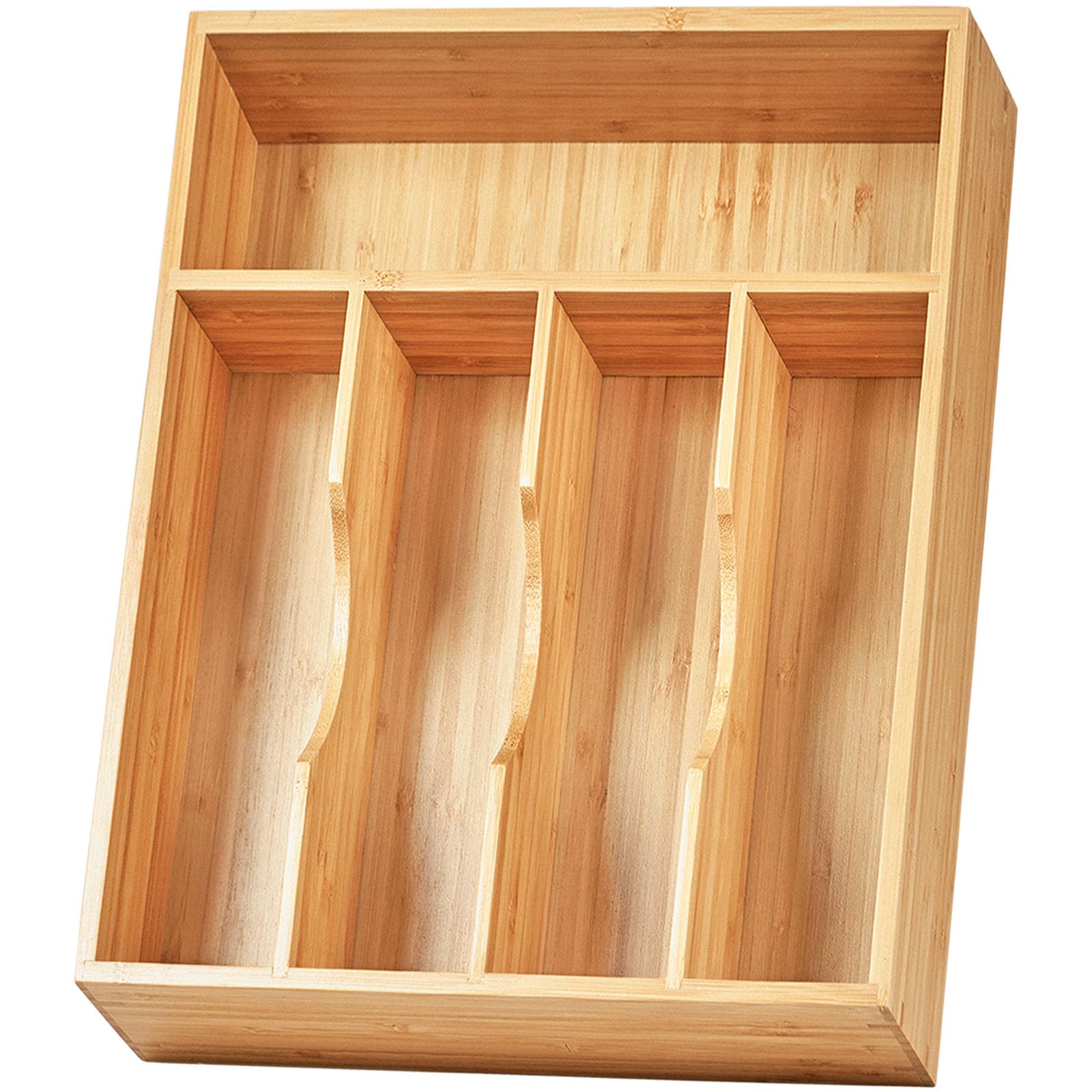 Umilife 10 Inch Bamboo Kitchen Drawer Organizer - Silverware Utensil Tray with Non-Slip Feet & Grooved Divider, 5-Slot Flatware Holder for Knives, Forks, Spoons - Perfect for Kitchen, Office, RV & Dorm Organization