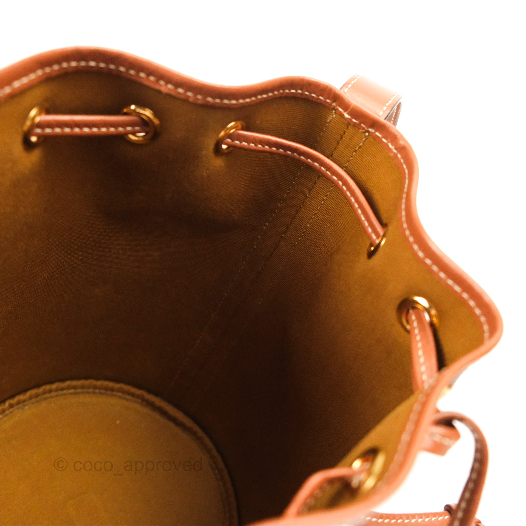 Celine Small Drawstring Bucket Bag in Triomphe Canvas & Tan Calfskin Leather - Perfect for Everyday Use, Travel & Casual Outings