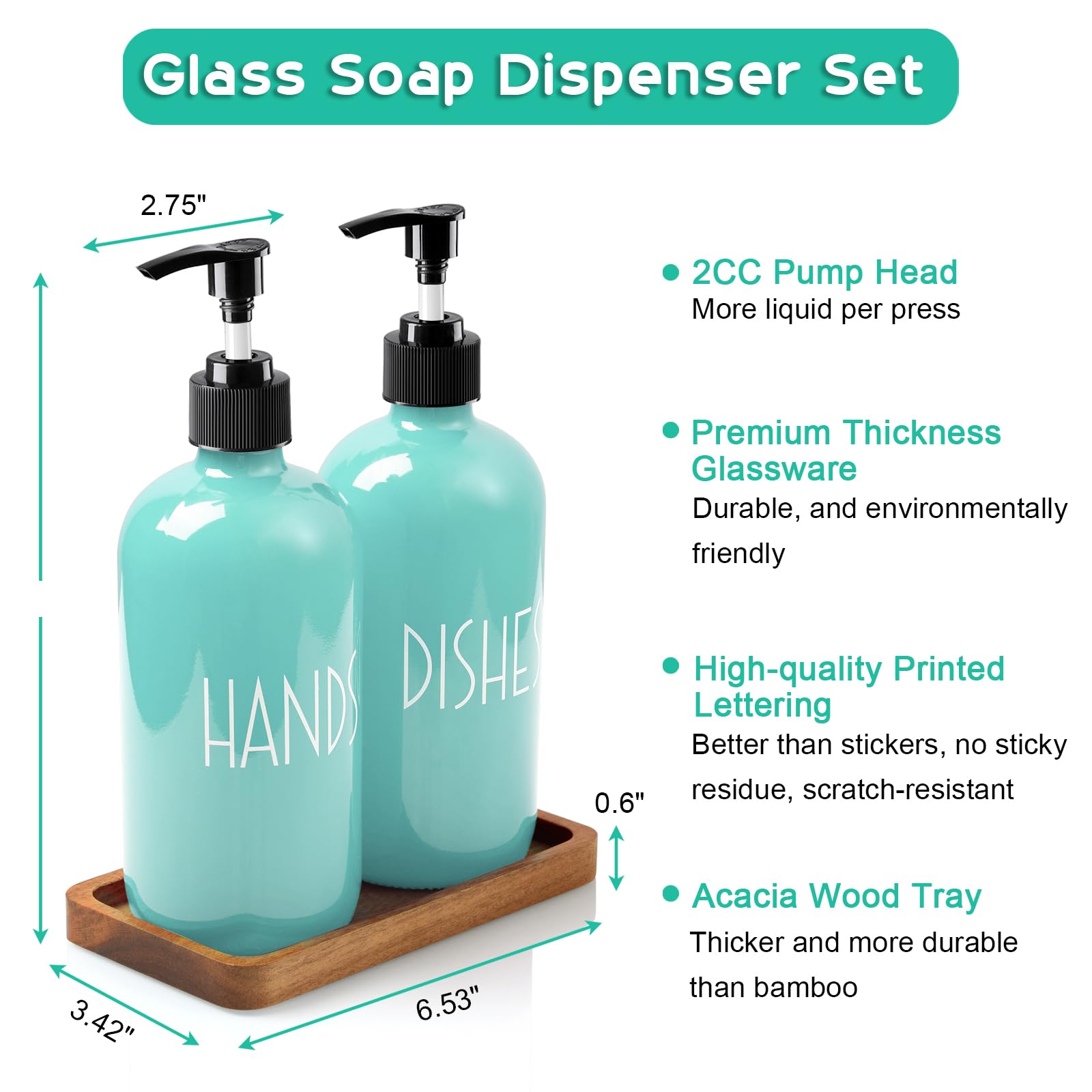 ALELION 16oz Glass Soap Dispenser with Pump & Acacia Wood Tray - Turquoise Kitchen Soap Dispenser Set for Hand & Dish Soap - Elegant Teal Home Decor for Bathroom, Kitchen Counter & Sink Area