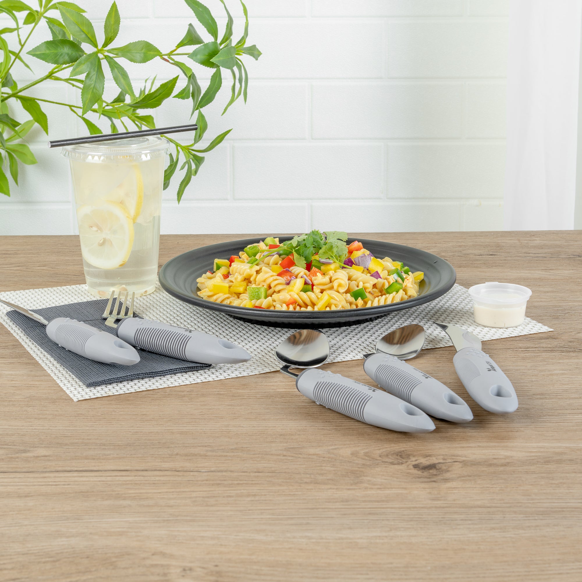 Adapt Tek Gray Stainless Steel 5-Piece Adaptive Offset Utensil Set for Left-Handed Users - Lightweight, Non-Slip Grip - Perfect for Arthritis & Limited Mobility - Kitchen & Dining Essentials (1 Count)