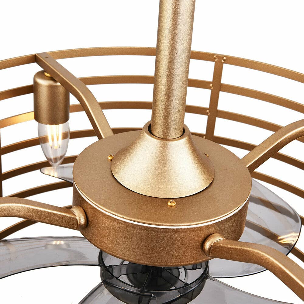 20 Inch Industrial Caged Ceiling Fan with Light - 3 Speed Adjustable, Remote Control, Bladeless Design for Kitchen, Bedroom, Living Room & Farmhouse - Gold Finish (4xE12 Base, Bulbs Not Included) - Perfect for Modern Farmhouse Decor and Air Circulation in Large Spaces