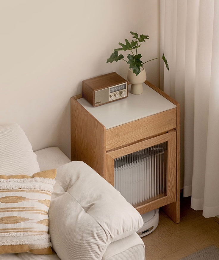 Solid Oak Wood Side Cabinet for Robot Vacuum Storage - Modern Rock Slab Design - Perfect for Living Room, Bedroom, or Home Office Organization