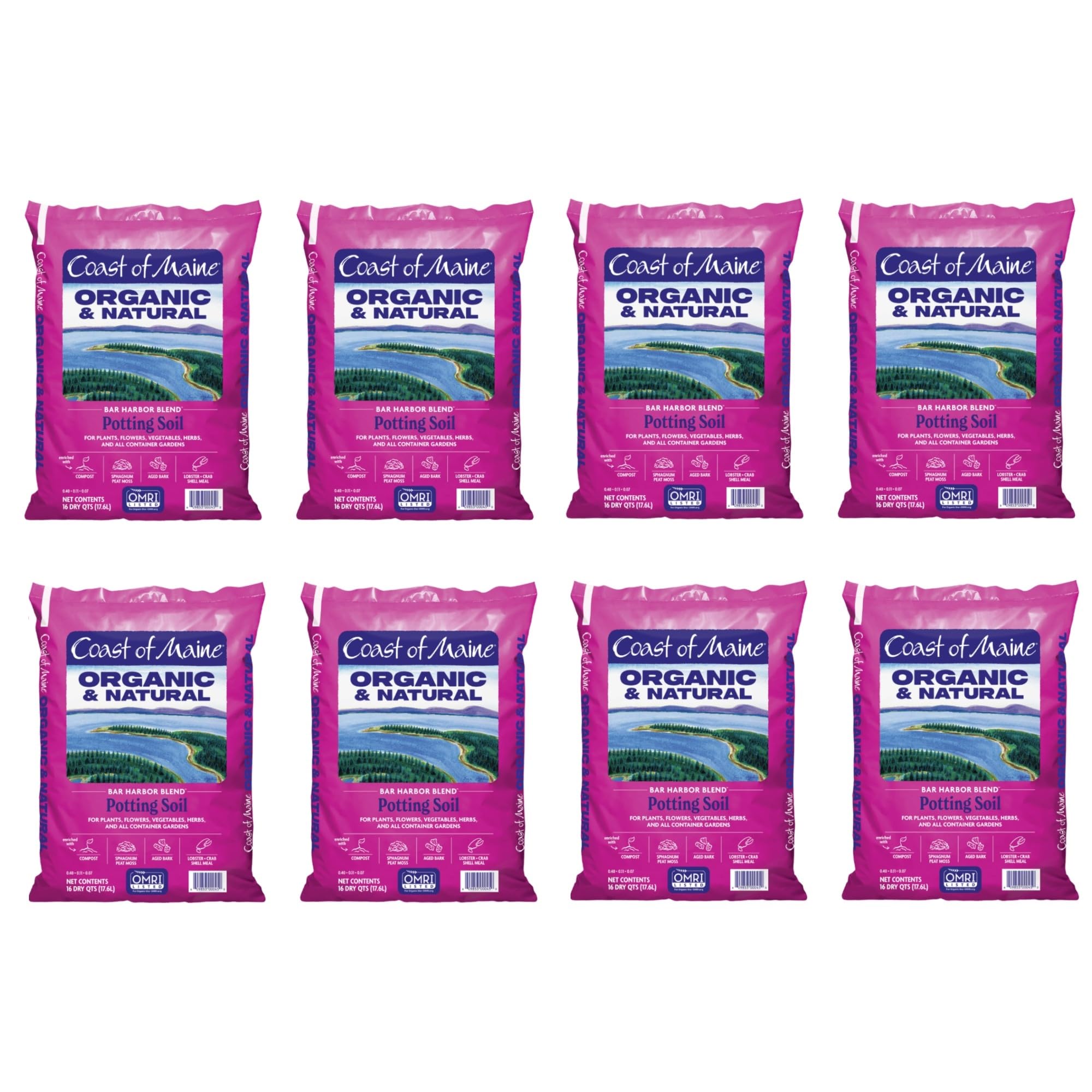Organic & Natural Coast of Maine Bar Harbor Blend Potting Soil - 16qt (Pack of 8) for Houseplants, Flowers, Vegetables, Herbs & Containers | Perfect for Indoor Gardening, Raised Beds & Container Planting