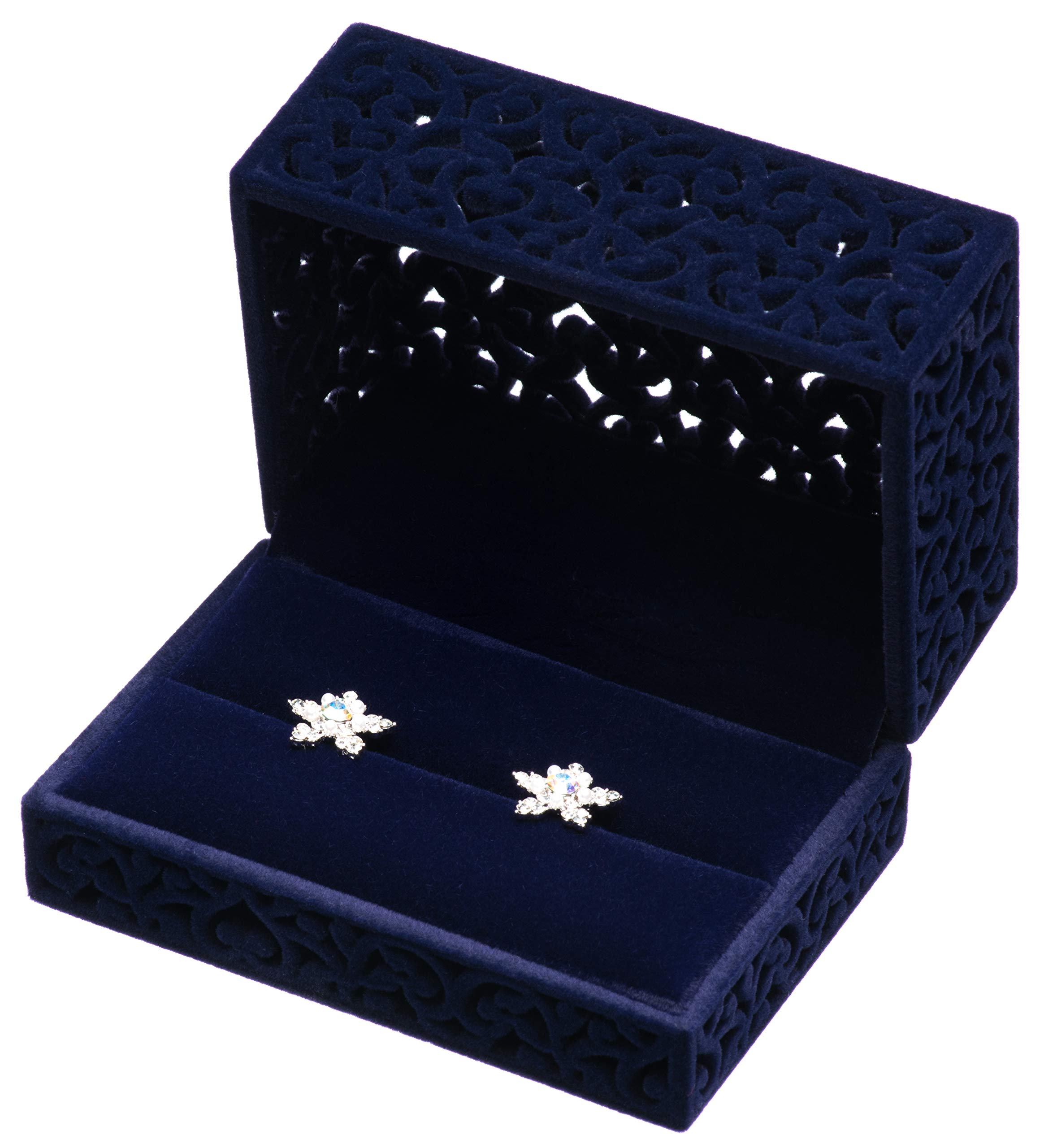 Luxury Hollow Velvet Ring Box - Double Ring Bearer Jewelry Case for Engagement, Wedding & Proposal - Premium Velvet Jewelry Gift Box (Dark Blue) | Perfect for Wedding Proposals, Anniversary Gifts & Ring Storage