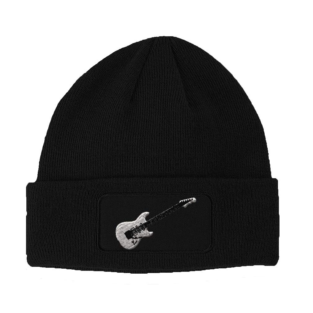 Custom Patch Beanie Hat with Electric Guitar White Embroidery - Acrylic Knit Winter Beanie for Musicians & Rock Fans - Perfect for Concerts, Gifts & Cold Weather