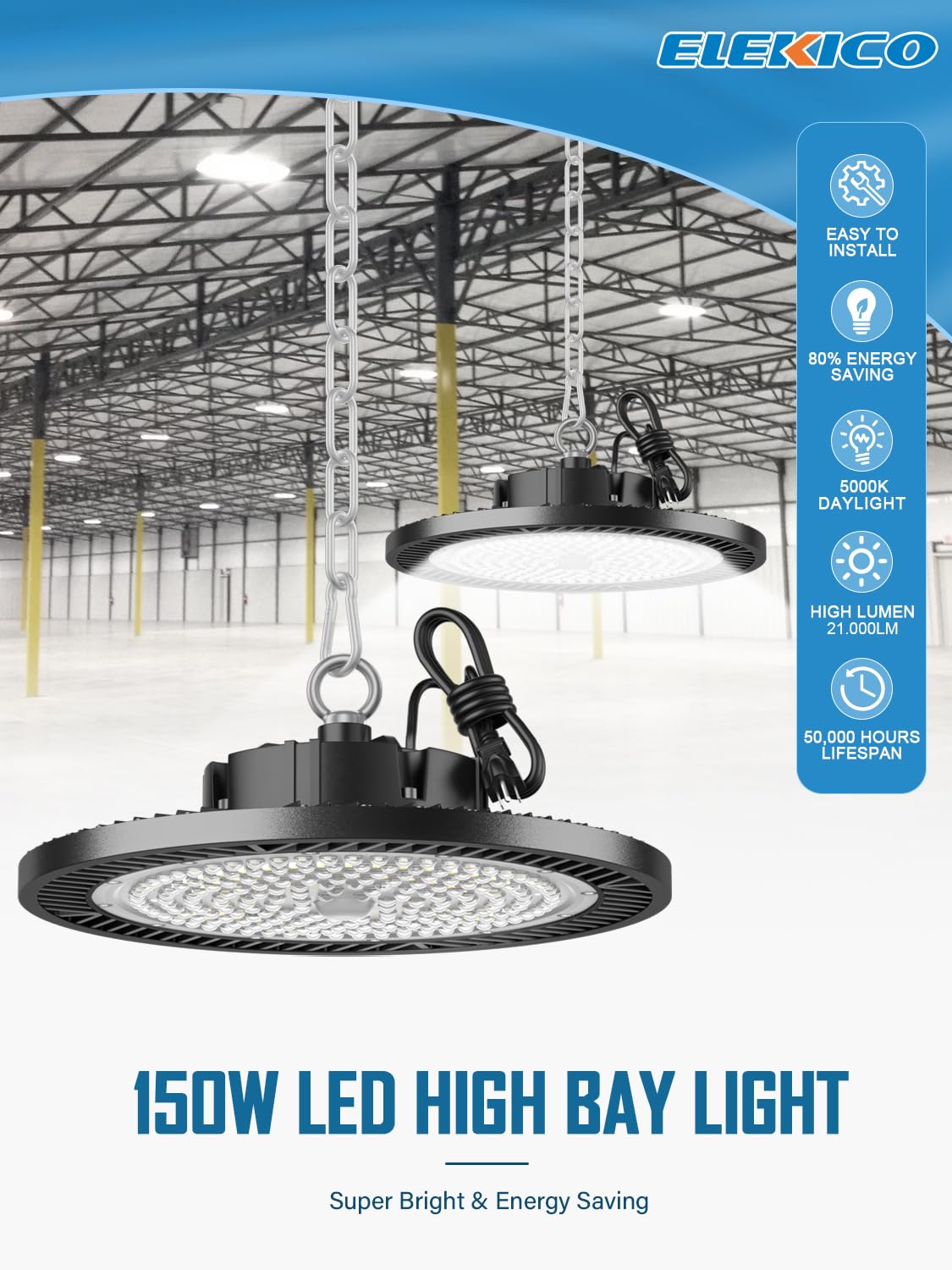 150W UFO LED High Bay Light 5000K Daylight - 21000LM Shop Light with Plug for Garage, Warehouse, Workshop, Factory, Barn & Logistics Center (6 Pack) - Energy Efficient Lighting for Industrial & Commercial Spaces