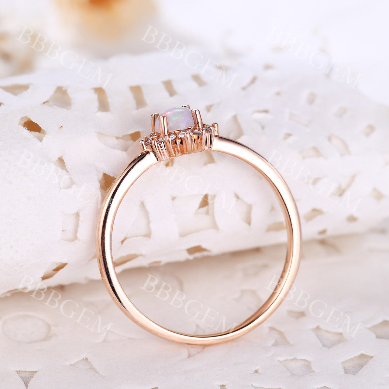 0.5CT Dainty White Fire Opal Engagement Ring with Diamond Halo in Rose Gold - Perfect for Wedding, Proposal & Anniversary Gifts