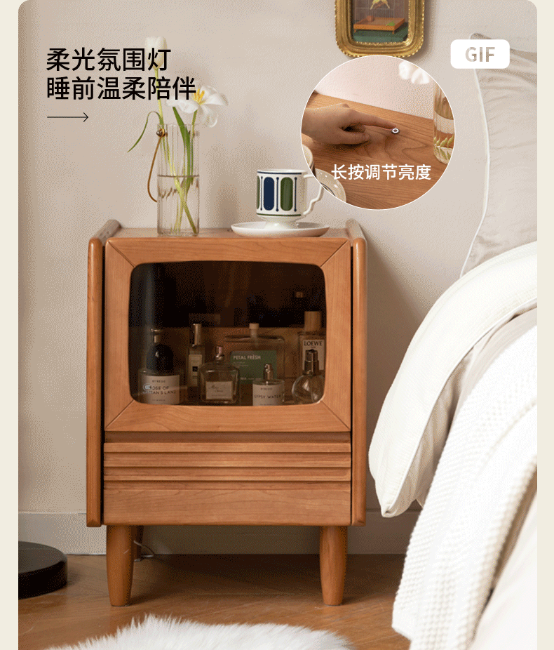 Vintage Cherry Wood Nightstand with Glass Top and Built-in Light - Elegant Retro Bedside Table for Bedroom, Living Room, or Office