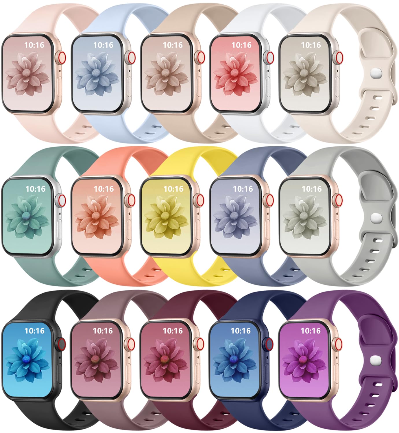 15 Pack Silicone Sport Replacement Bands Compatible with Apple Watch 40mm 38mm 44mm 42mm 41mm 45mm 46mm 49mm - for Women's iWatch Series 10/9/8/7/6/5/4/3/SE/Ultra - Soft Durable Strap for Workout, Running & Daily Wear