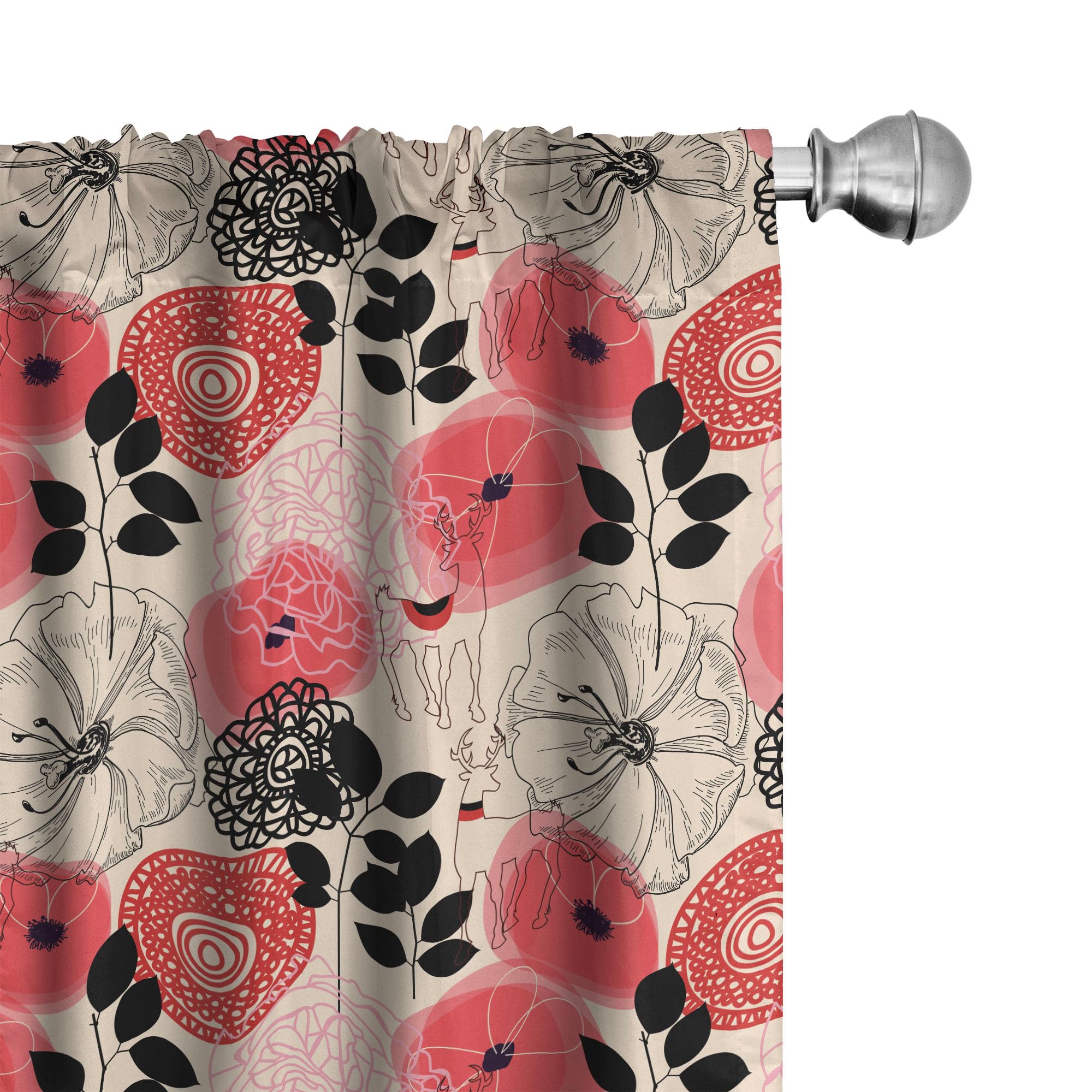 Ambesonne Floral Window Curtains - Modern Abstract Circle Flower Design with Leaves, Pink and Black Lightweight Decor (2 Panels, 28