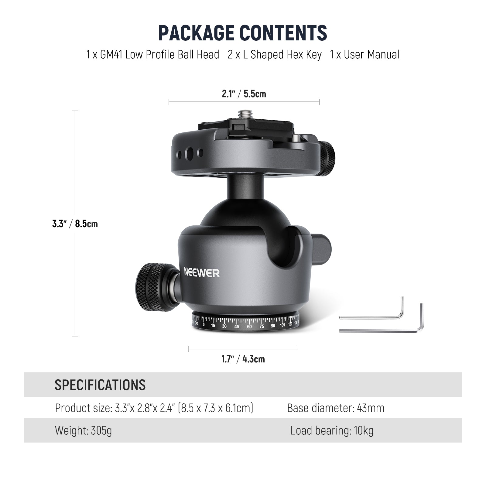 NEEWER GM41 Low Profile Tripod Ball Head - Compact & Lightweight Camera Mount for DSLR, Mirrorless, and Video Cameras - Perfect for Travel, Vlogging, and Outdoor Photography