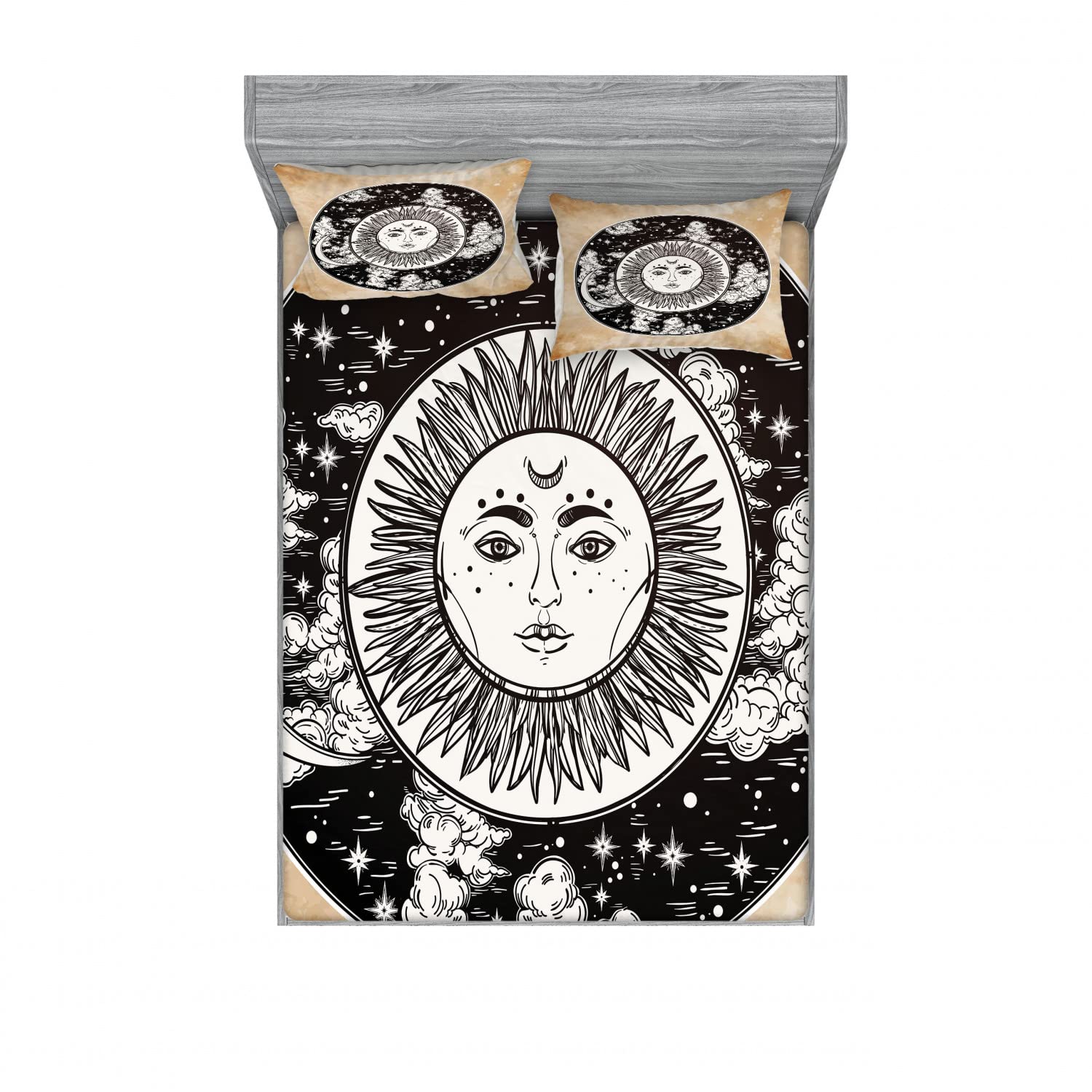 Ambesonne Tribal 2-Pack Queen Size Fitted Sheet Set with 4 Pillow Shams - Sun and Moon Design in Black, White & Cream | Bohemian Bedroom Decor for Guest Rooms & Dorm Essentials
