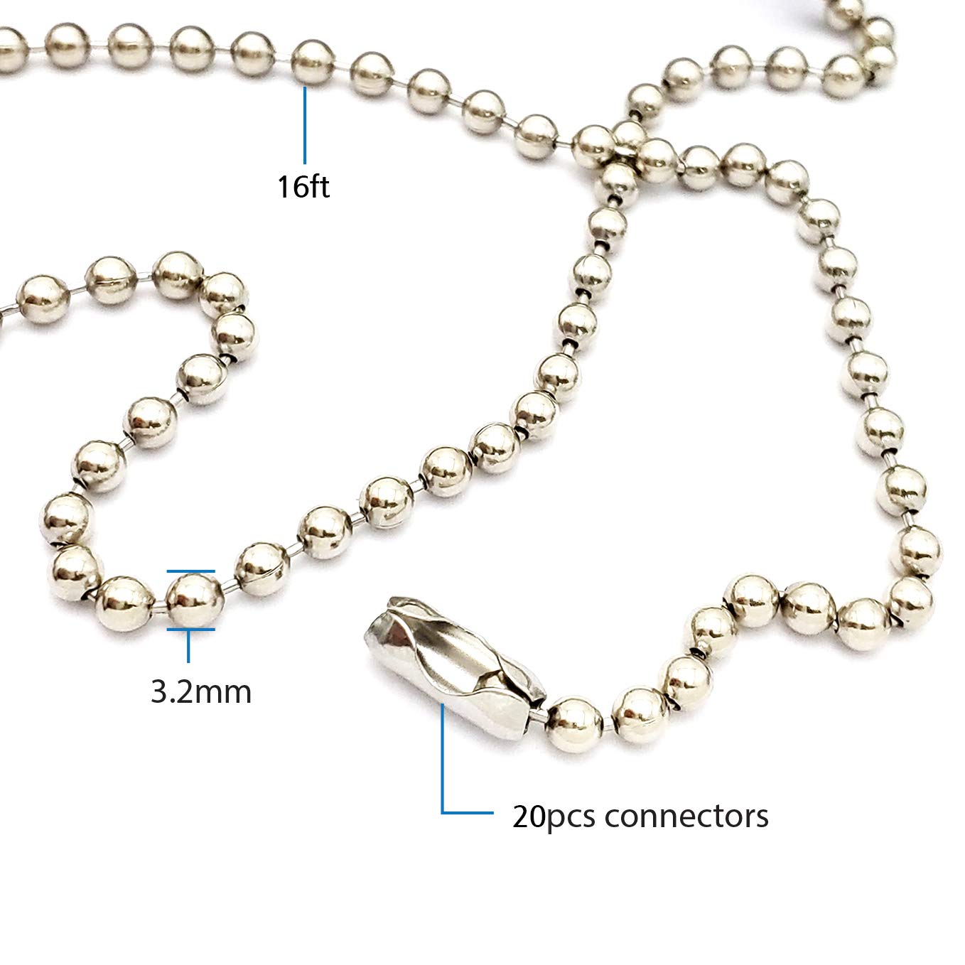 Metal Fan Pull Chain Extension - 16 Feet Long Ceiling Fan Chain Connector with 20 PCS (3.2mm Diameter) for Easy Fan Control & Light Switch Access | Perfect for High Ceilings, Hard-to-Reach Fans & Home Renovation