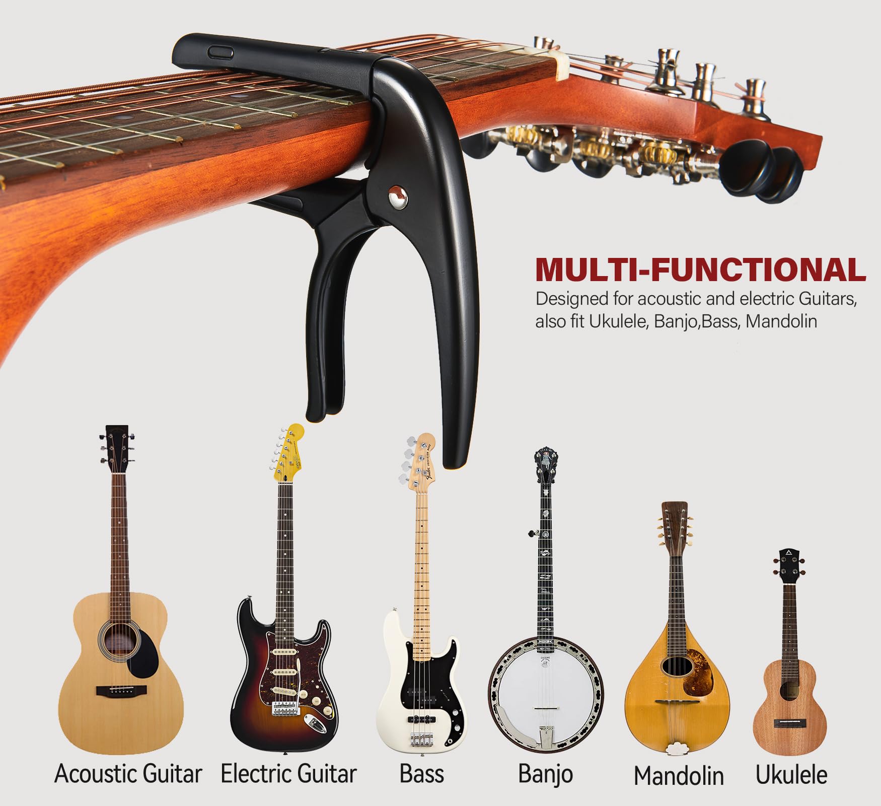 Premium Guitar Capo with Pick Holder - Adjustable Clamp for Acoustic, Electric Guitar, Ukulele, Bass & Banjo - Includes 6 Guitar Picks (Black) - Perfect for Live Performances, Studio Recording & Practice Sessions